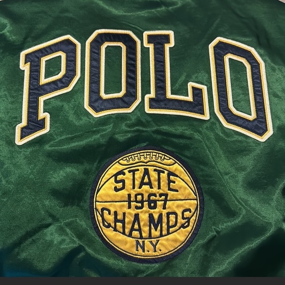 🏀 POLO RALPH LAUREN Men's Forest Green Satin Letterman Varsity Jacket size M - Picture 2 of 4